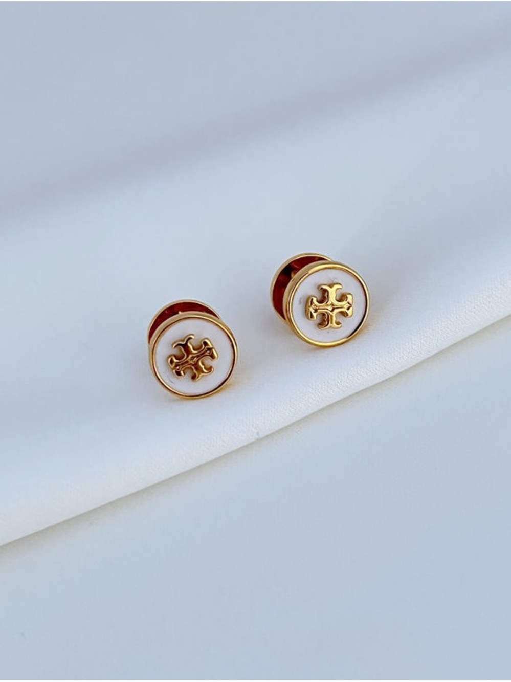 Tory Burch Gold and White Enamel Logo Round Stud Earrings